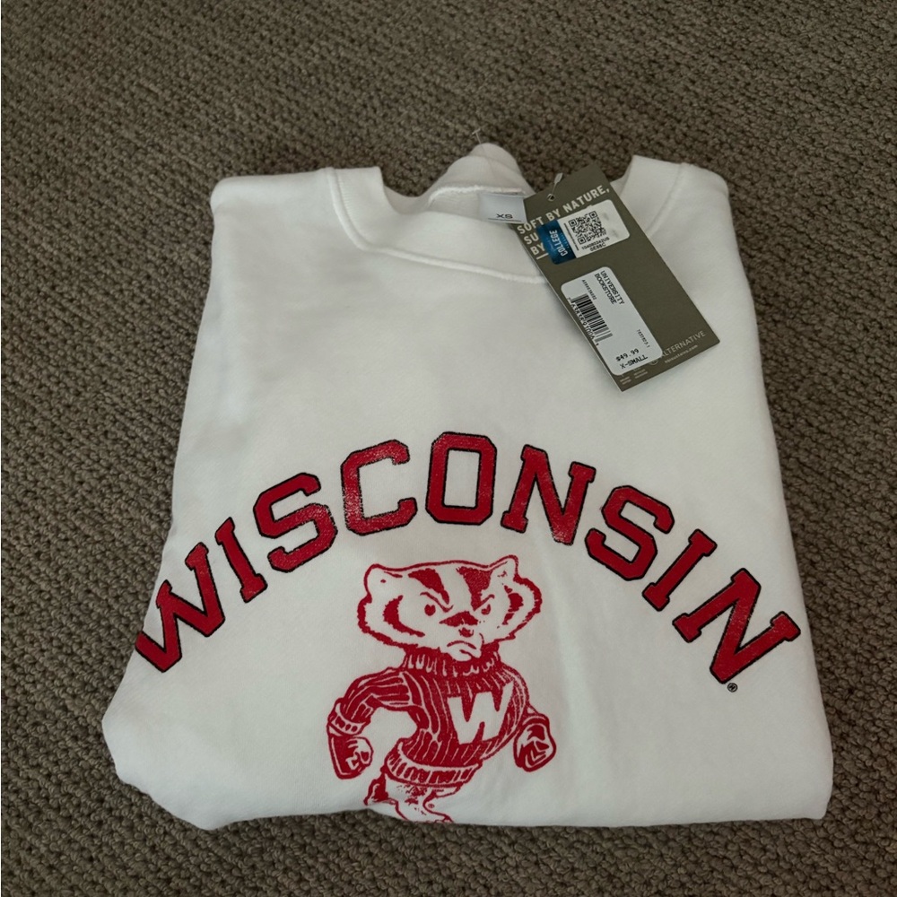Wisconsin White Sweatshirt with Red Logo